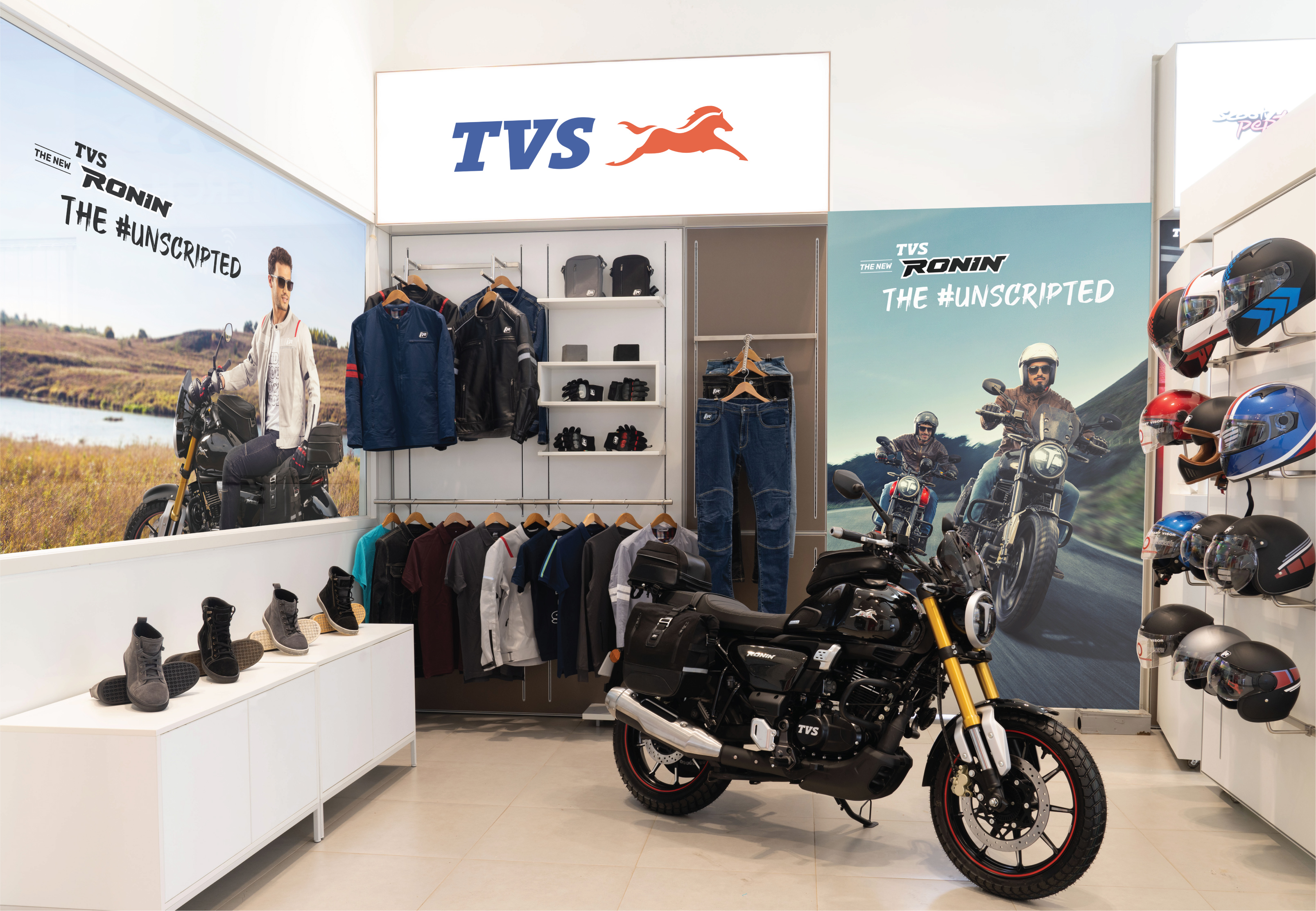 Interior of a modern industrial motorcycle showroom